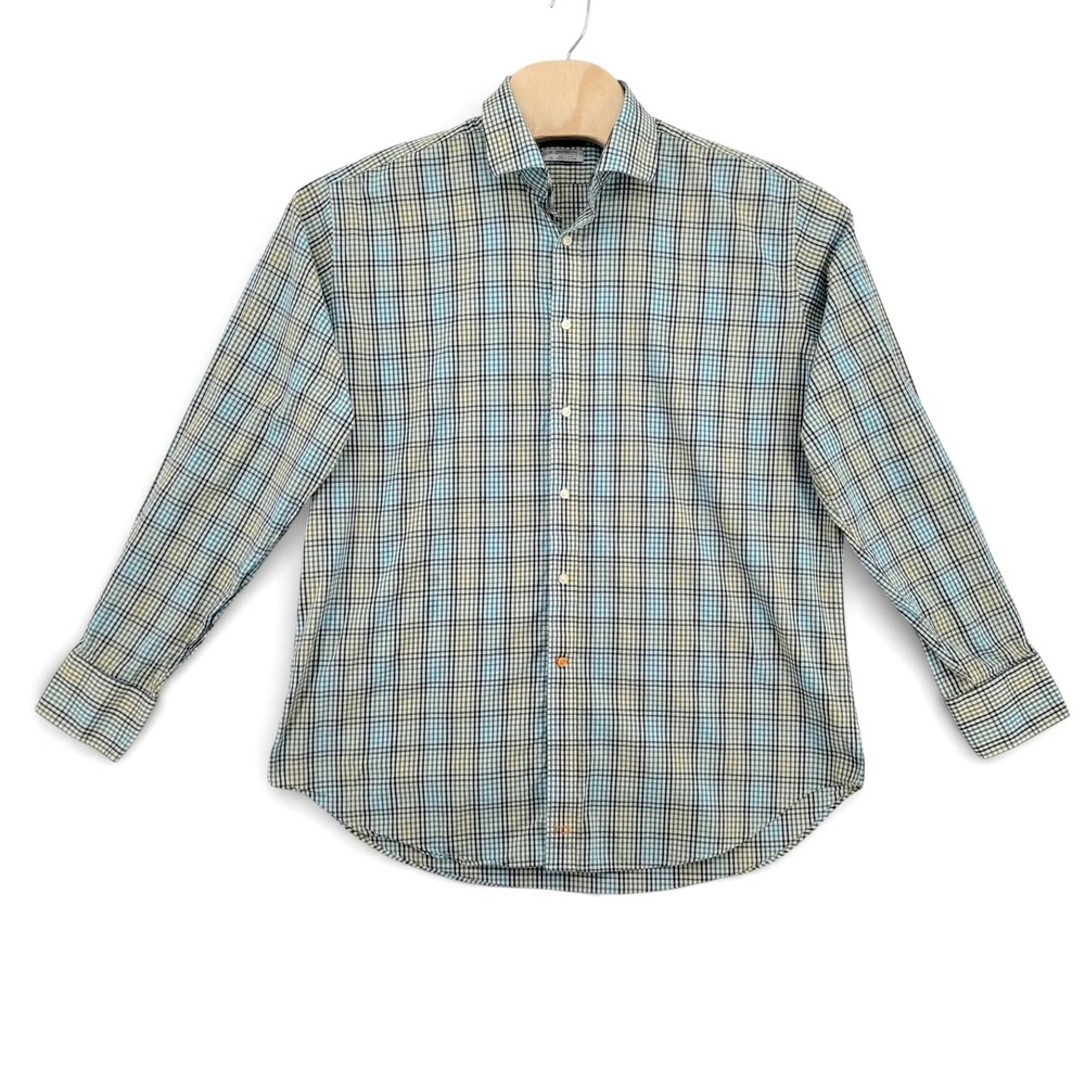 Thomas Dean Mens XL Button Down Shirt Cotton Plaid Blue‎ Green Casual